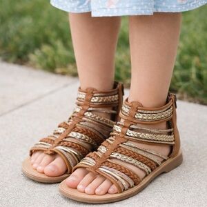 Seychelles Women Gladiator Sandals Brown Gold Braided Strappy Zip Back Size 2